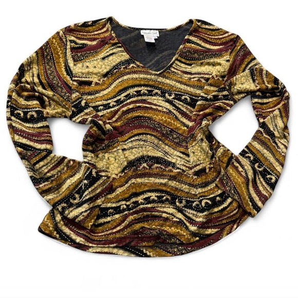 Vintage Coldwater Creek Metallic Earthy Tones Abstract Long Sleeve Top - Picture 2 of 9